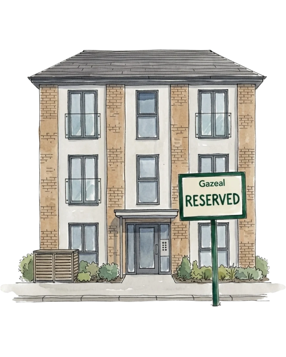An illustration of an apartment building with a Gazeal Reserved sign outside.