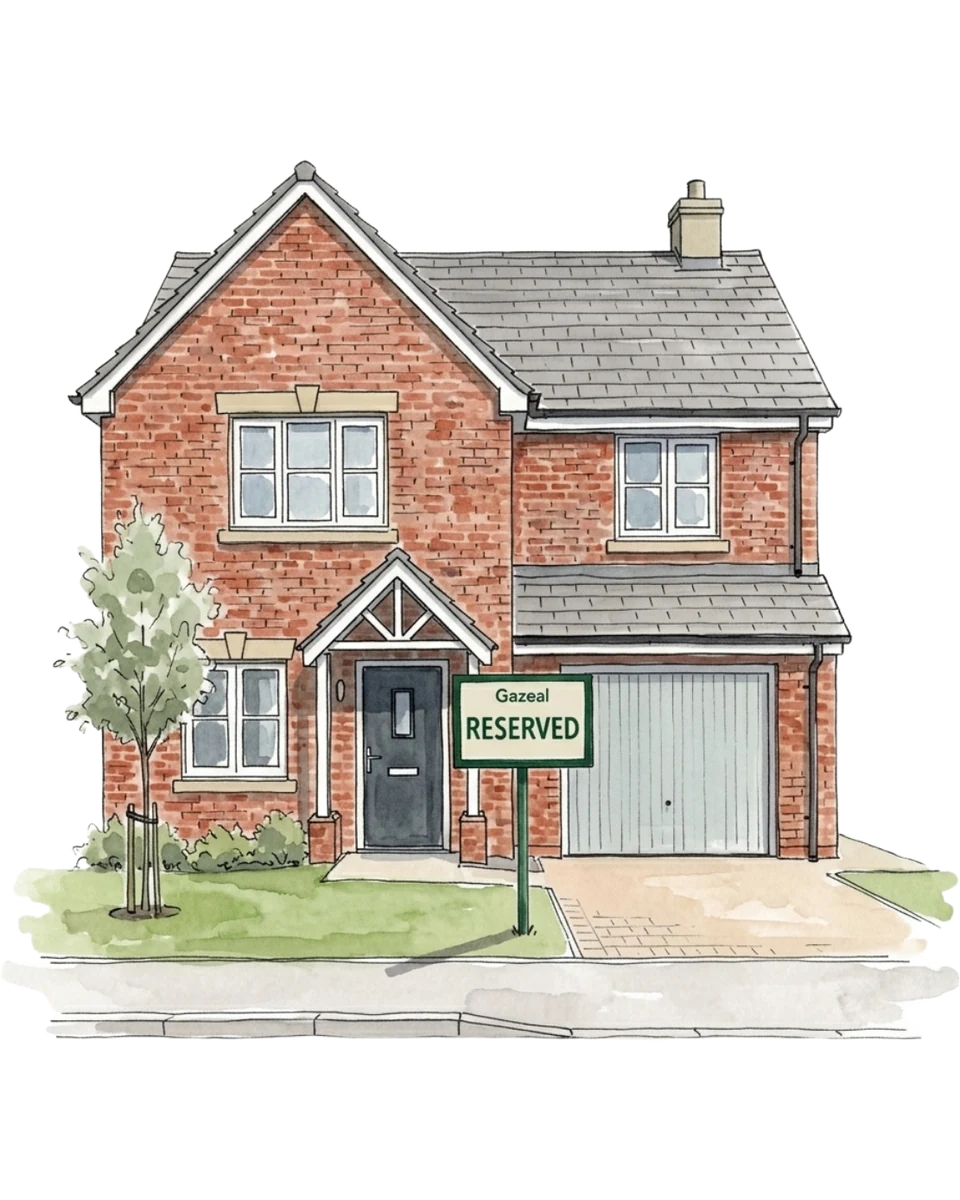 An illustration of a new-build detached home with a Gazeal Reserved sign outside.